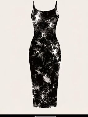 Black and White Marble Print Slip Midi Dress - Women's Dress